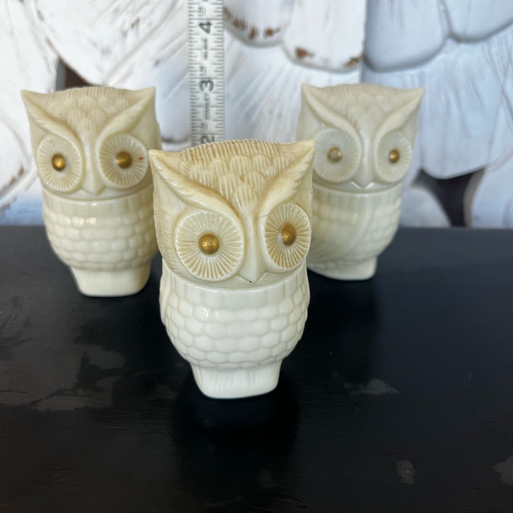 Trio of Cream Owl Jar Figurines with Gold Accents